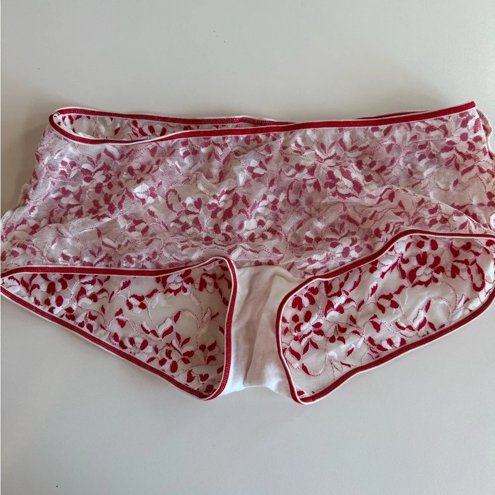 DKNY Sheer Lace Boyshorts Panties – Red & White Floral Embroidery, Size M, NWOT - Picture 2 of 6